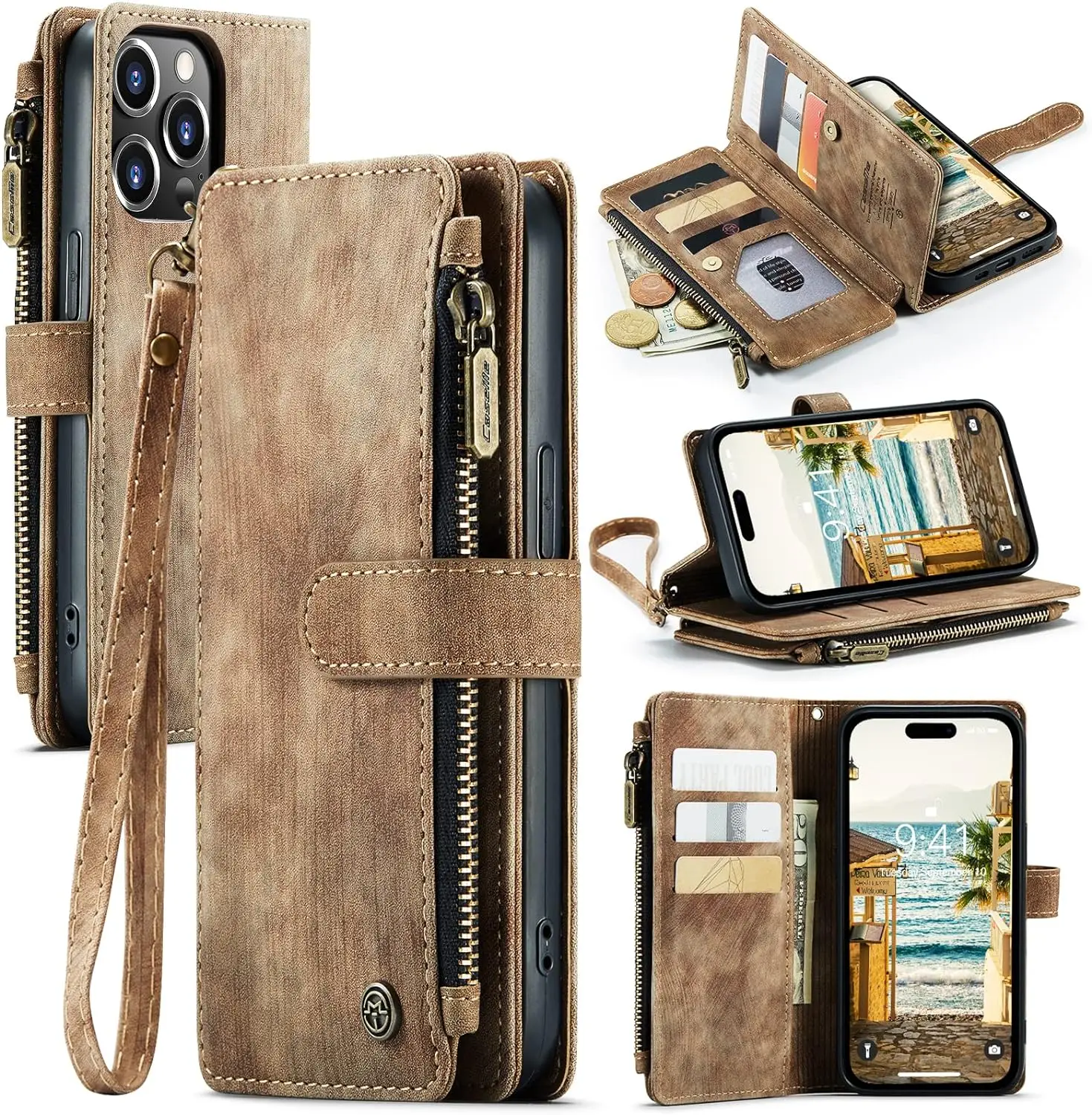 Wallet Case for iPhone 15 Series, Retro Premium Flip Leather Cover with 10 Card Holder & Zipper Cash Pocket & Wrist Strap