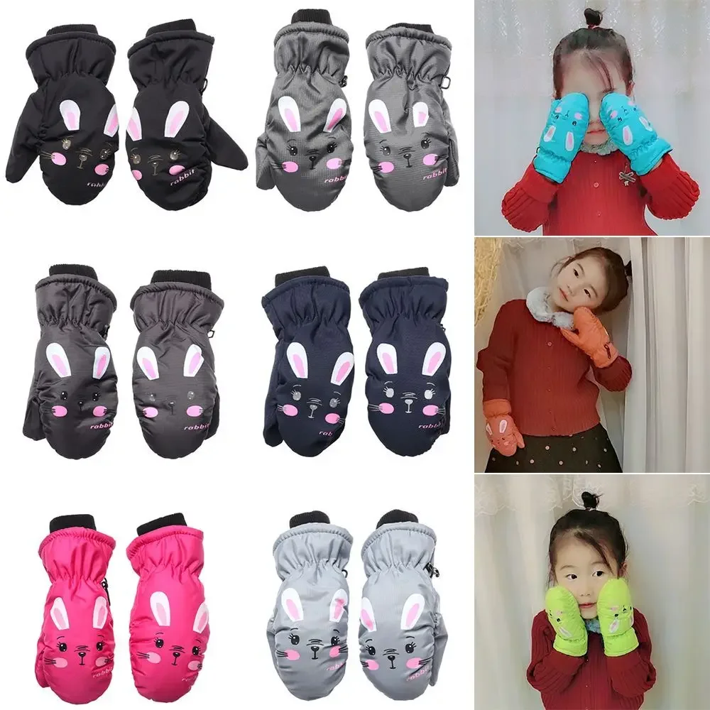 

0-5 Years Old Cartoon Rabbit Non-slip Windproof Sports Mittens Kids Ski Gloves Thick Warm Waterproof