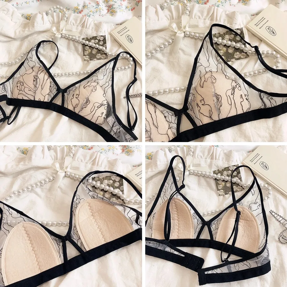Triangle Cup Lingerie Bras, Non-Padded Wire-Free, Thin Section & Hollow Embroidery, Sexy Underwear for Big Chest