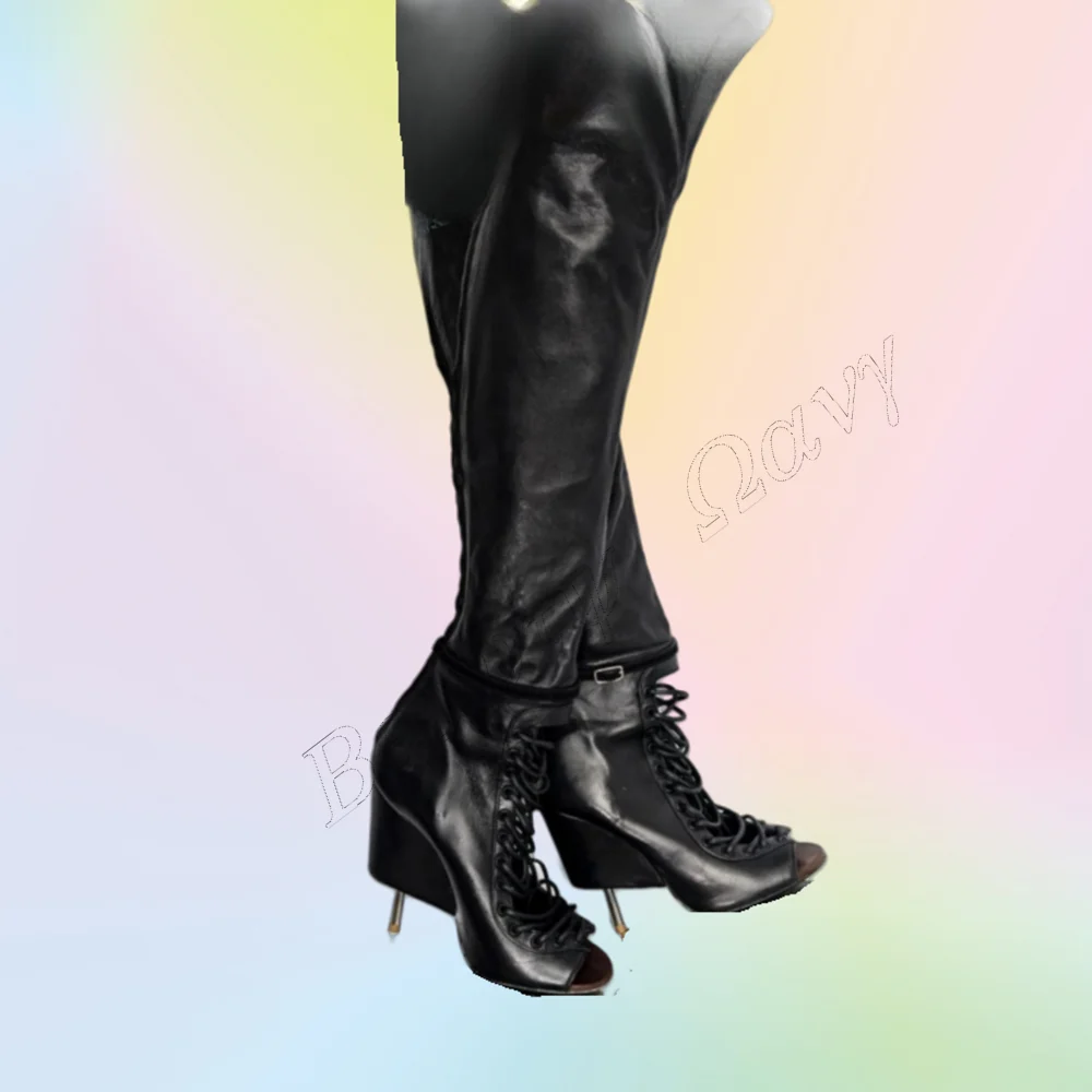 

Black Metal Heel Peep Toe Boots Solid Patchwork Color Women Thigh High Heels Shoes for Women Shoes 2025 Zapatos Para Mujere