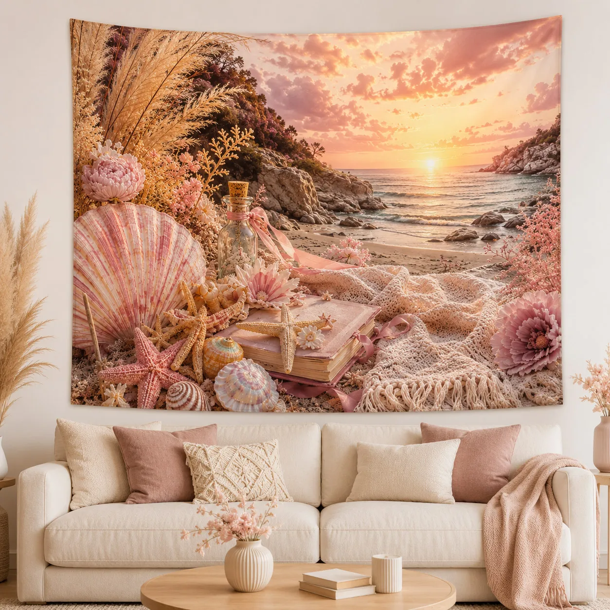 Dreamy Moon Ocean Tapestry Wall Art Romantic Pink Purple Floral Woven Blanket Seaside Landscape Room Decoration Backdrop Cloth