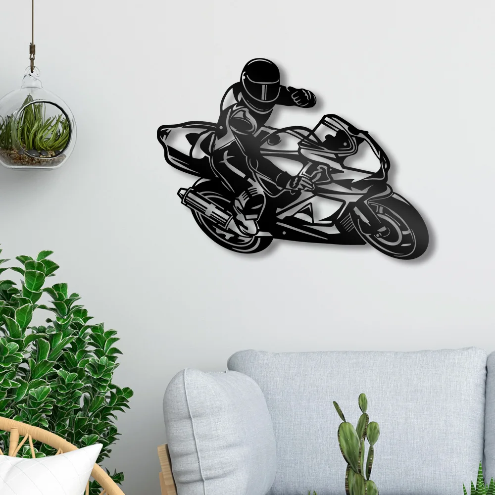 Motorcycle racer Metal Hanging Wall Art Plaque Black Letter Silhouette Cafe Kitchen Dining Room Decoration Bar Pub Club Poster