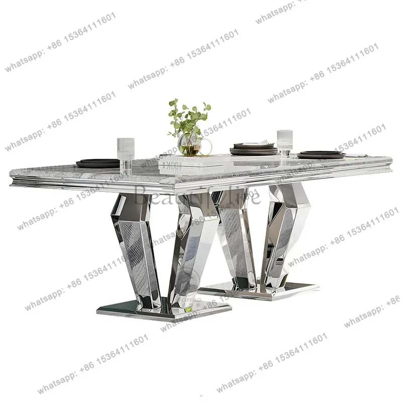 D14Light luxury modern marble stainless steel large dining table metal household rectangular dining table