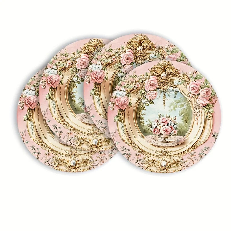 

VIKAMA 4PC European Style Countryside Dining Mat Floral Round Dining Table Desktop Decoration And Accessories
