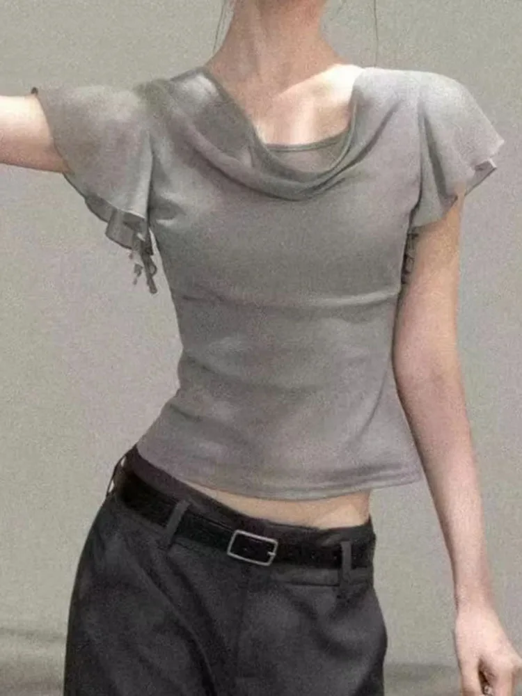 Women T Shirts Flying Sleeve Summer Fashion Slim Vintage Y2k Aesthetic Vintage Crop Tops Female Casual Tee Shirt
