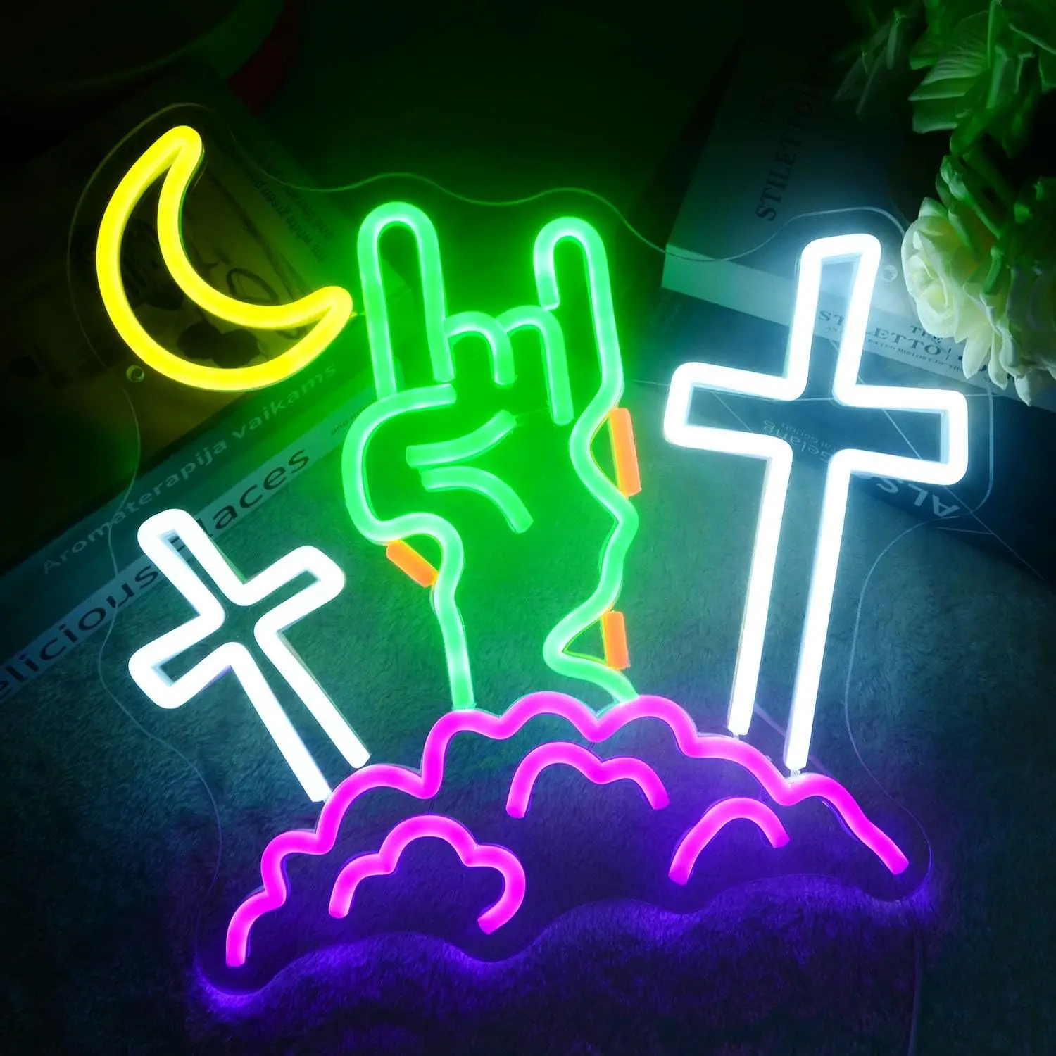 Rock Hand Neon Sign Cross Metal Music LED Neon Light Halloween Party Bedroom Game Room Music Room Home Decor Gift USB Powered