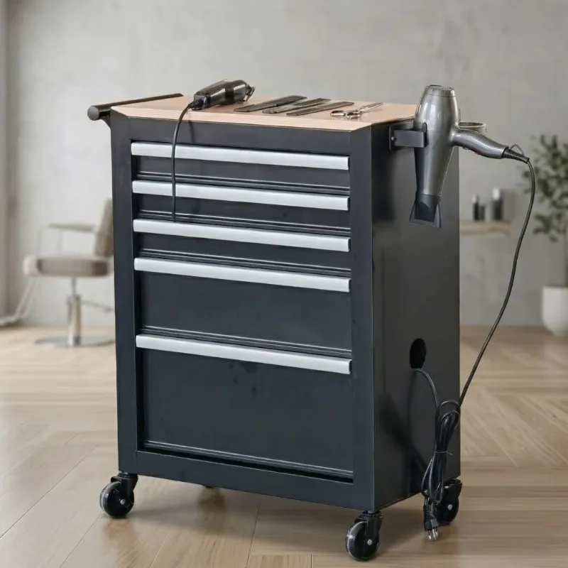 5 Drawer Metal Barber Salon Tool Cabinet Rolling Storage Cart with Socket and Hair Dryer Holder