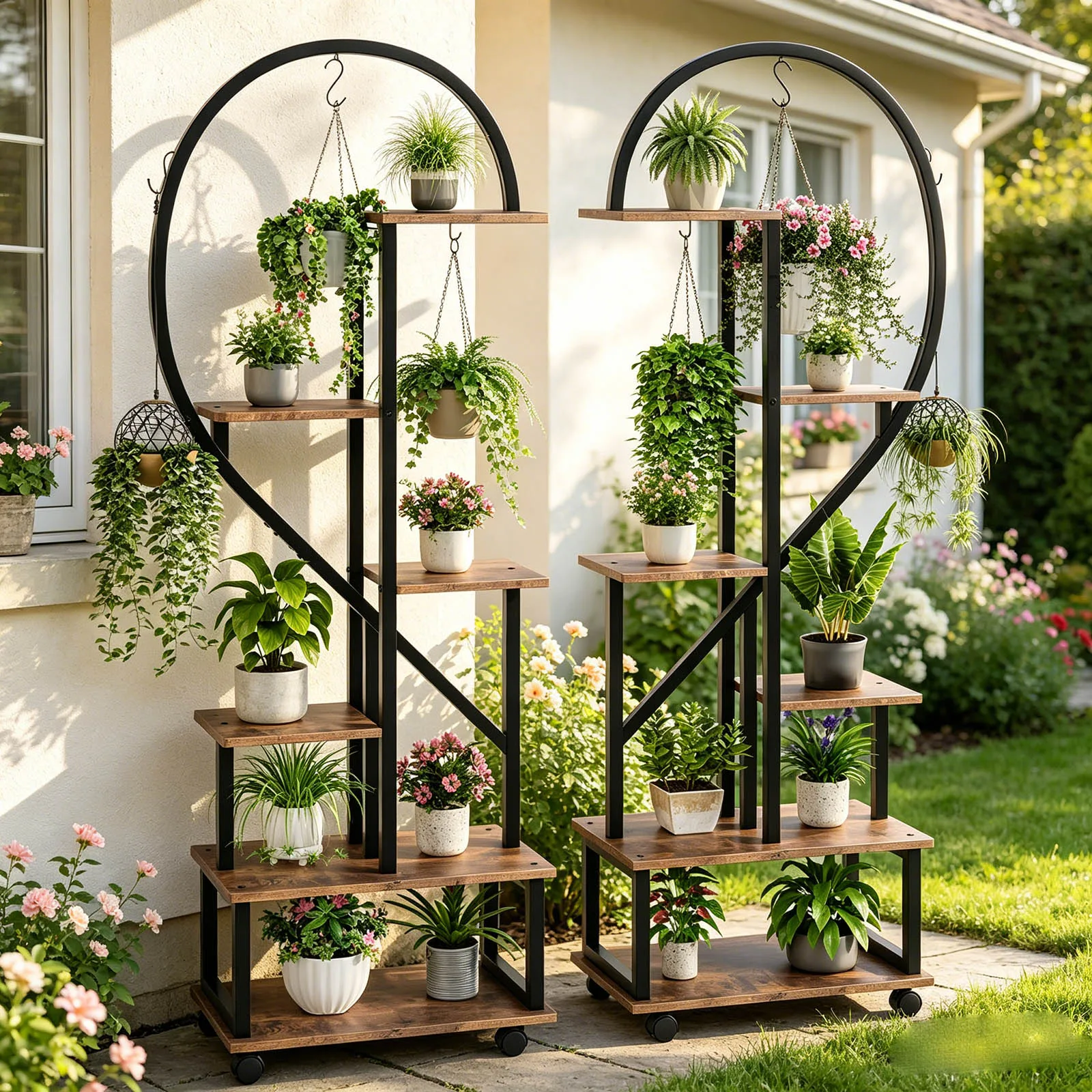 Meuble d'extérieur : Support de présentation pour pots de fleurs, cadre métallique, étagère en bois, 6 niveaux, lot de 2, support pour plantes en forme de demi-cœur pour patio, balcon, jardin
