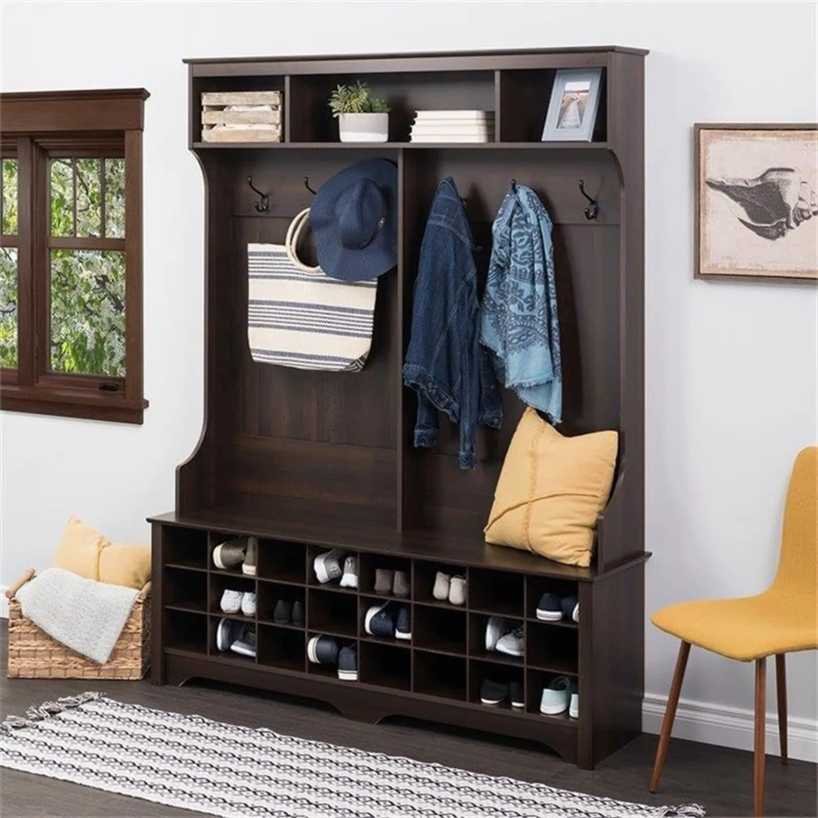 US Brown Hall Tree, Shoe Cabinet, Storage Cabinet with 24 Shoe Cubbies and 6 Double Coat Hooks 15.5