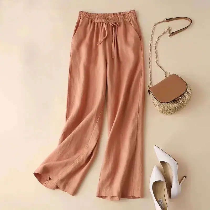 

Spring Autumn New Fashion Cotton Hemp High Waist Solid Color Drawstring Women's Clothing Loose Korean All-match Wide Leg Trouser