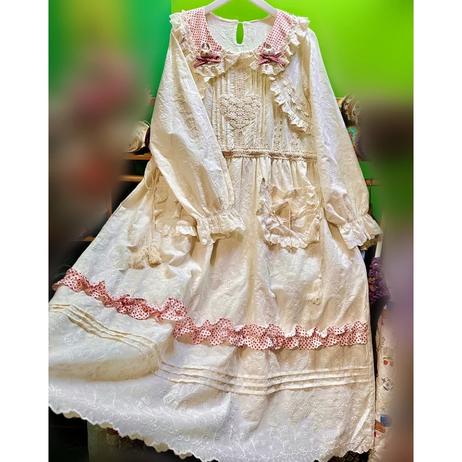 

Women Cotton Pleated Lace Embroidery Long Dress Vintage Retro Cottagecore Goblincore Kawaii Mori Girl Sweet Lolita Midi Dress