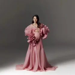 Vestidos de embarazo de línea A con cuello en V, color rosa rubor, mangas largas, vestidos de maternidad plisados personalizados para sesión de fotos