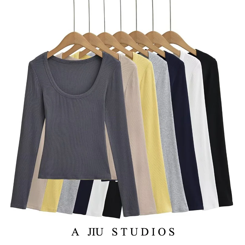 

Kardaian Sexy Long Sve U-Ne Slim Fit T-irt Women Spring Autumn Base Color Pure Color Slimming Inner Wear Top