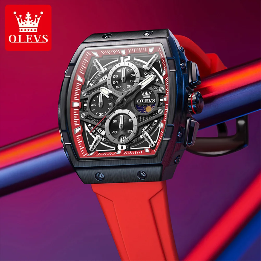 

OLEVS 2975 Мужские часы Кварцевые часы Многофункциональные силиконовые ленты Спортивные квадратные часы для мужчин Луна 30 м Водонепроницаемая светящаяся коробка Подарок