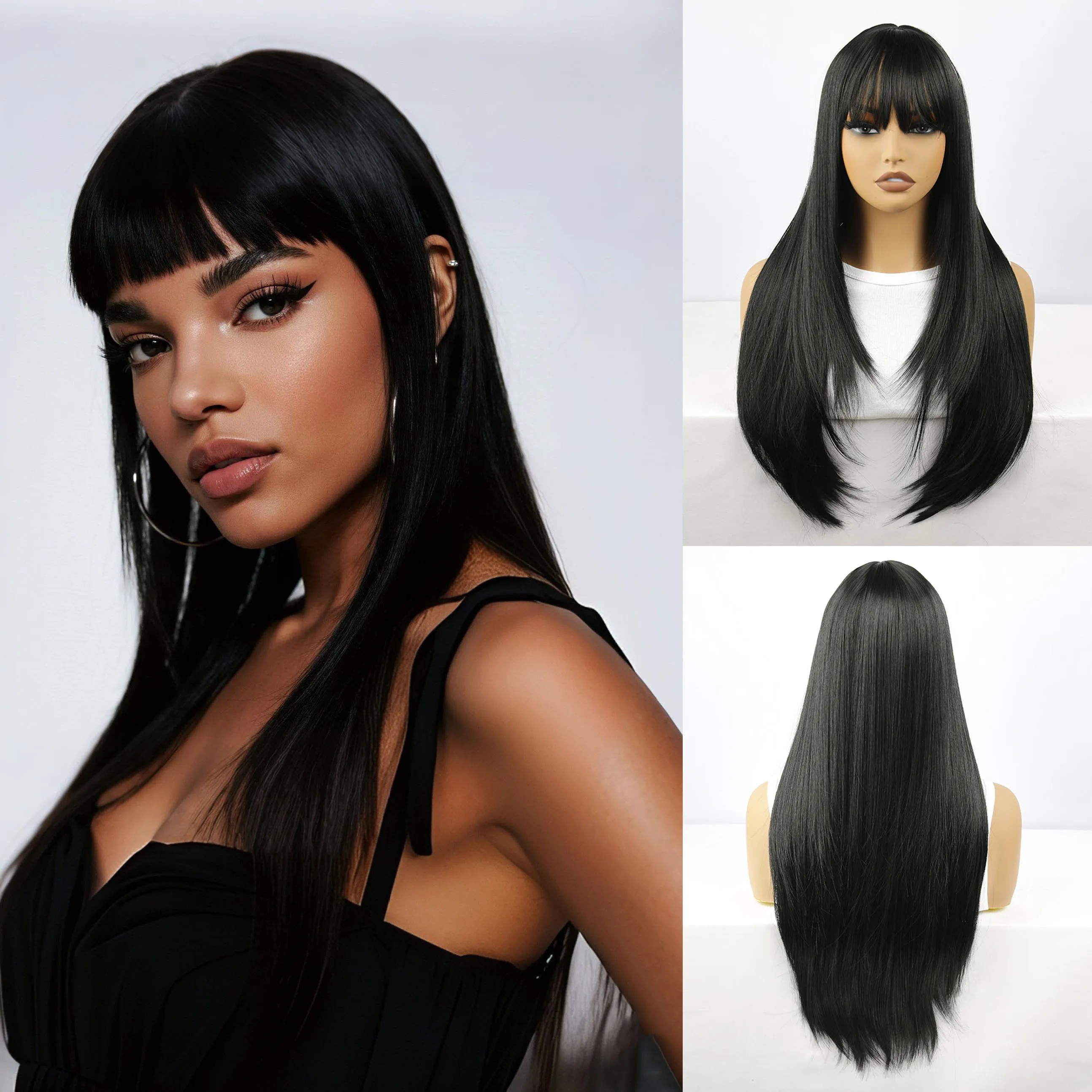 باروكة سوداء متوسطة إلى طويلة مستقيمة مع غرة، مصنوعة من ألياف صناعية مقاس 26 بوصة، مثالية للعب الأدوار، والهالوين، والحفلات، وما إلى ذلك