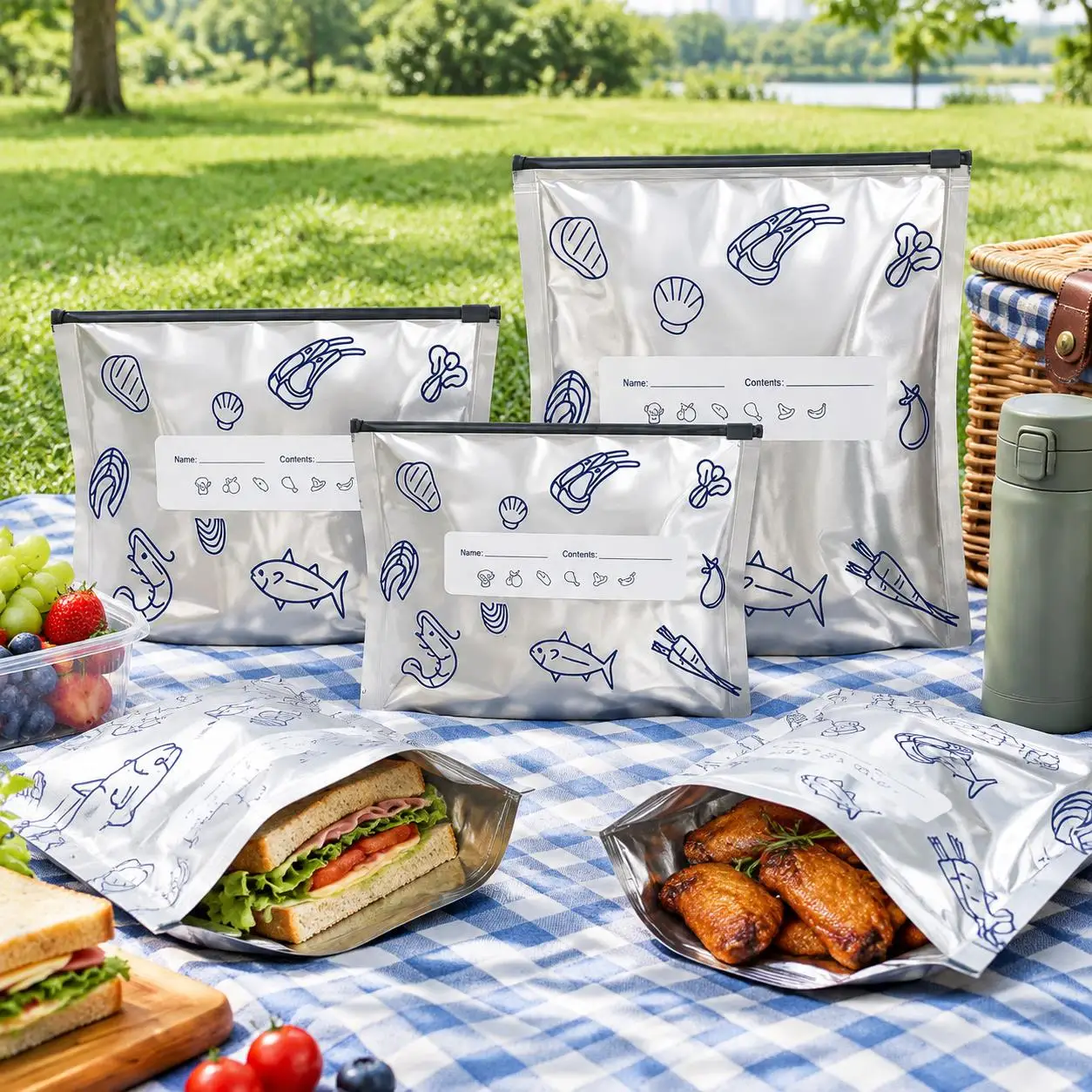 20Pcs Silver Foil Reusable Food Pouches Zip Lock Sealing Bags Insulated Storage for Fresh Food Outdoor Picnic Multi-Size TMZ
