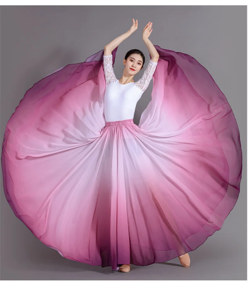2025 Gradient Color Dance Skirt Eleganc Women's Square Dancing Perform Maxi Skirts Elastic-waist Big-hem Chiffon A-line Skirts