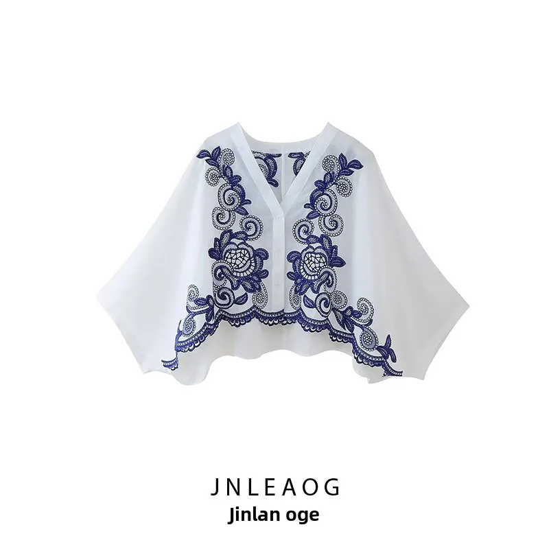 

Faionable Street Sle женский irt JNLEAOG, осеннее новое поступление, цветная блузка с вышивкой, универсальный длинный свеч V-Ne, полиэстер