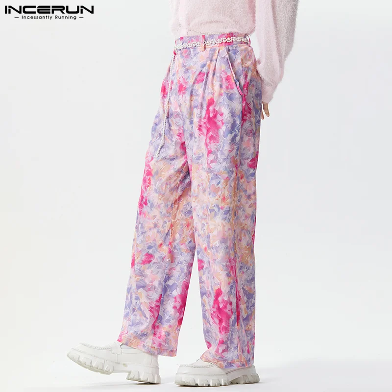 2024 Men's Straight Pants Flower Printing Button Joggers Korean Casual Trousers Men Streetwear Loose Fashion Pants S-5XL INCERUN