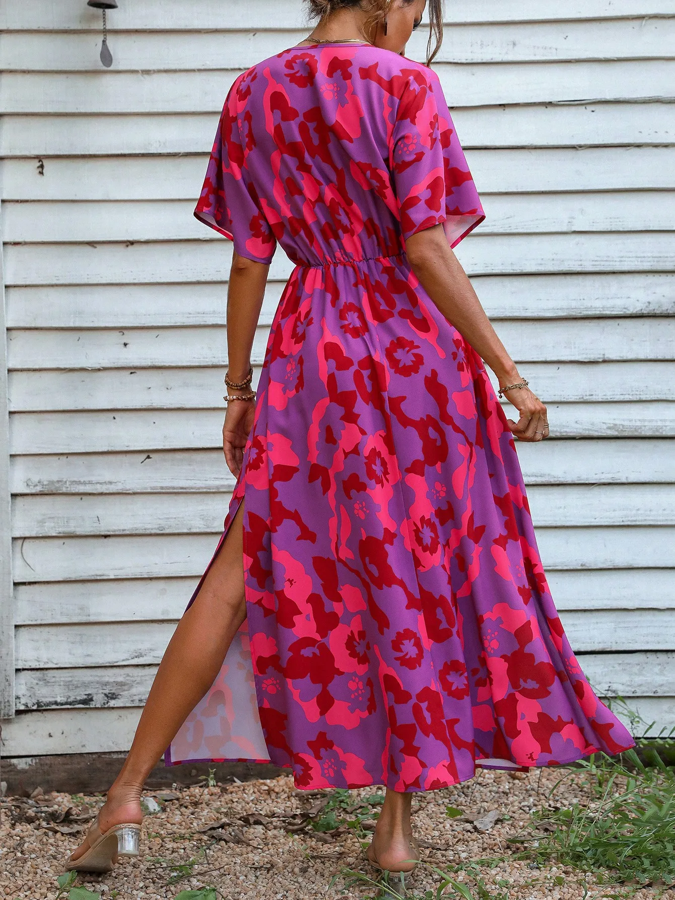 Womens 100% Polyester Abstract Floral Print Dress V Neck Batwing Sleeve Elastic High Waist Side Split A Line Long Dress
