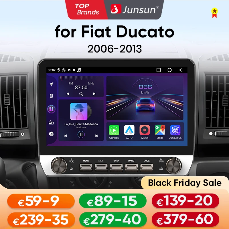 Junsun AI hangvezérlésű vezeték nélküli Carplay Android Auto rádió Fiat Ducato 2006 2007 2008 2009 2010-2013 gombos autós intelligens rendszerhez