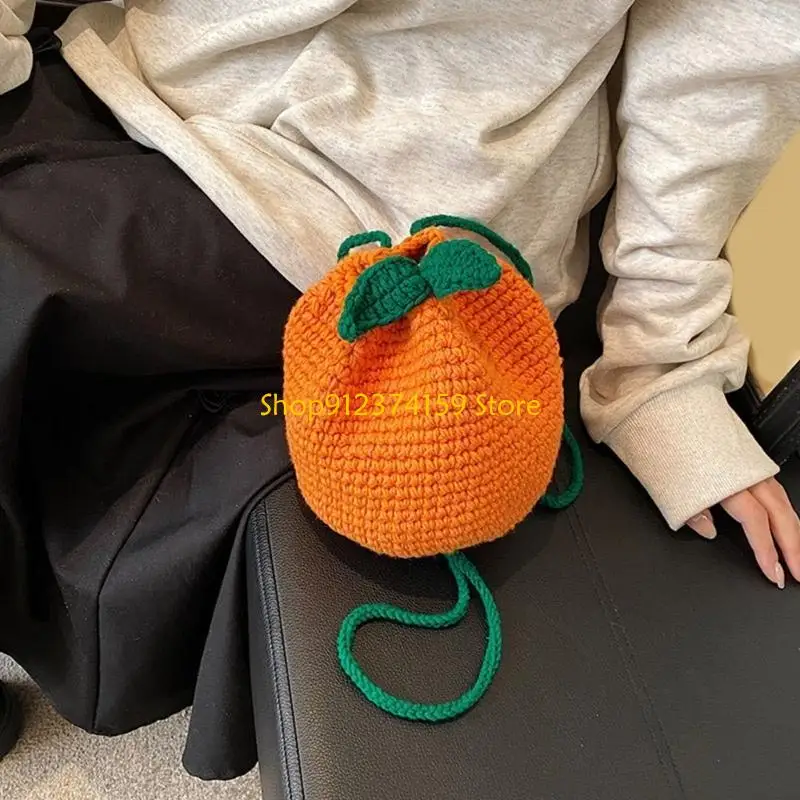 

G5AE Unique Crochet Tangerine Bag Crossbody Purse Drawstring Shoulder Bags for Fashionable Adults and Craft Enthusiasts