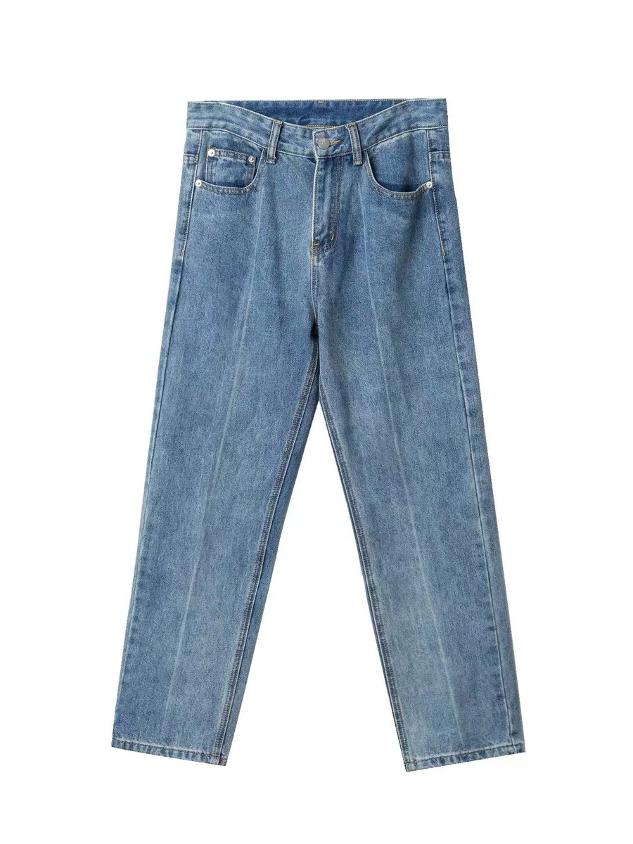 CloHand Jeans Kaki Lurus Longgar Pria Jeans Kasual Trendi Sembilan Titik Pelangsing Pinggang Tinggi Biru Muda Musim Semi Musim Panas Antik Pria