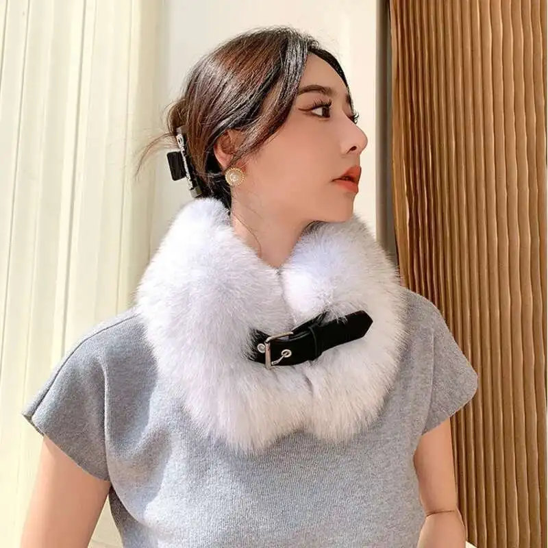 Winter Real Fox Fur Scarf Neck Cover Women's Belt Buckle Neck Ring Collar Natural Fur Scarves Luxury Thick Fur Shawl For Ladies