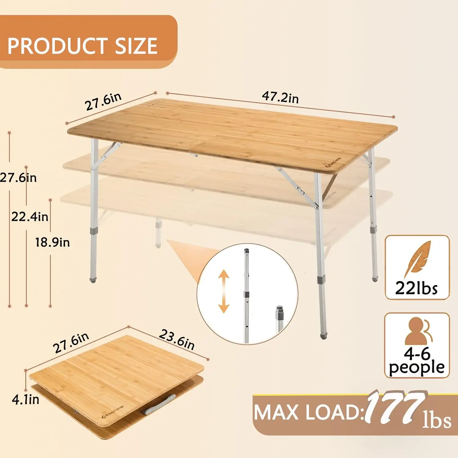 Lightweight Stable Folding Camping Table Bamboo Outdoor Folding Tables Adjustable Height Portable Picnic