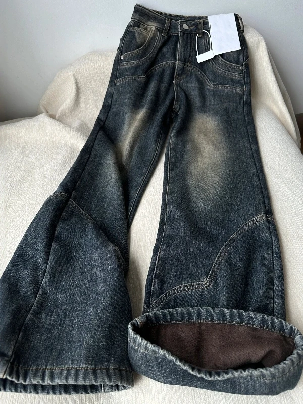 

Женские джинсы-клеш в стиле ретро, зимние, утепленные, больших размеров, с высокой талией, облегающие, длиной в пол