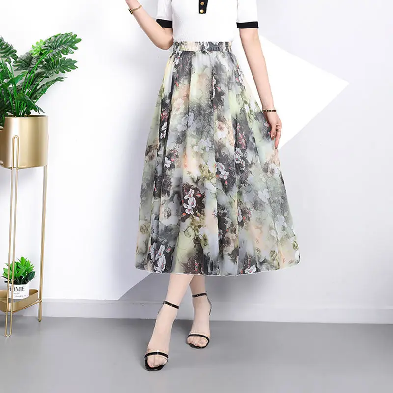 Summer New Elegant Fashion Aesthetic Sweet Gentle Young Style Prairie Chic Casual Elastic Band Printed Floral Long Skirt Women