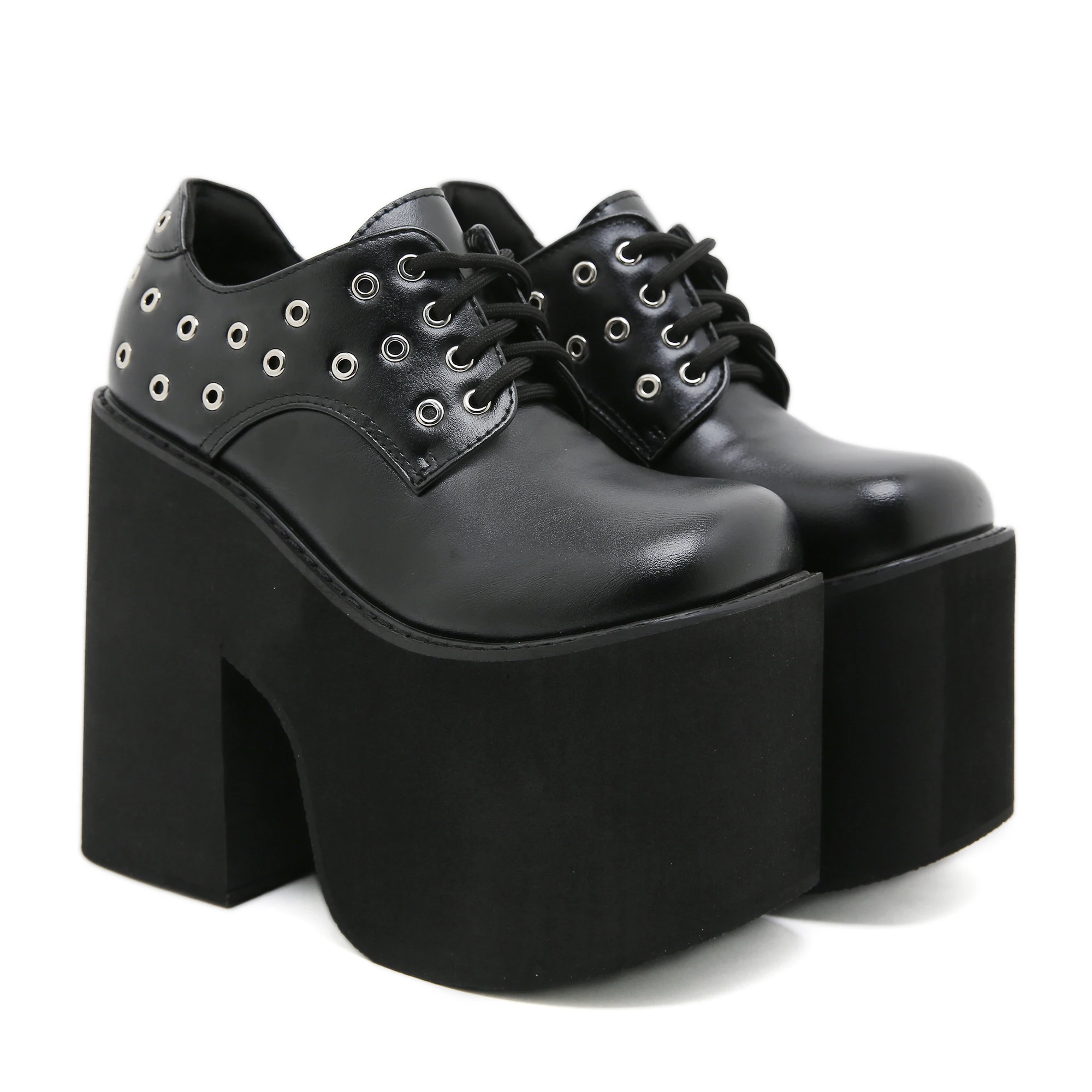 Gdgydh schwarze High Heels für Damen, modische Nietenschuhe mit Blockabsatz, Partyschuhe, Schnürschuhe, Pumps mit erhöhter Plateauabsatzhöhe – Detail 6