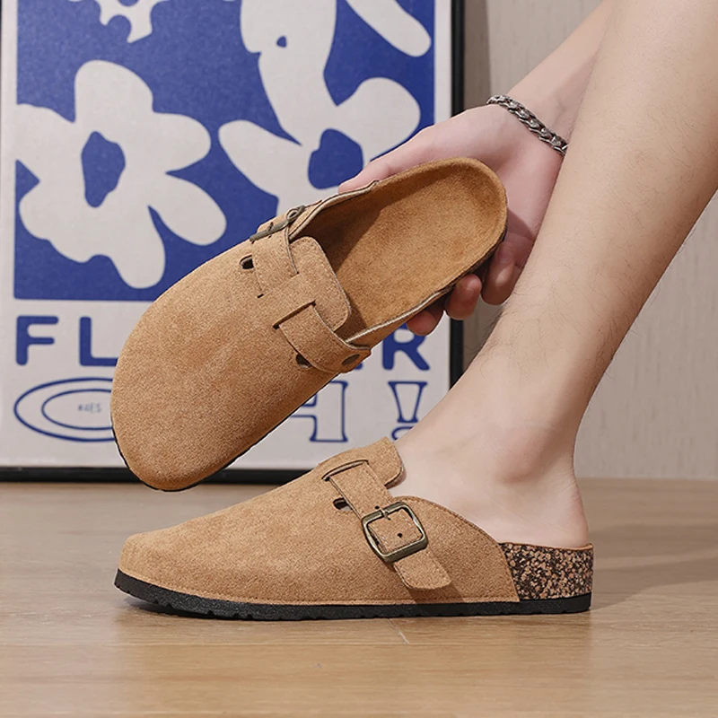 Nuevos zuecos de gamuza para hombre y mujer, mulas con plantilla de corcho suave, zapatos cómodos de patata con soporte para arco, sandalias de playa antideslizantes