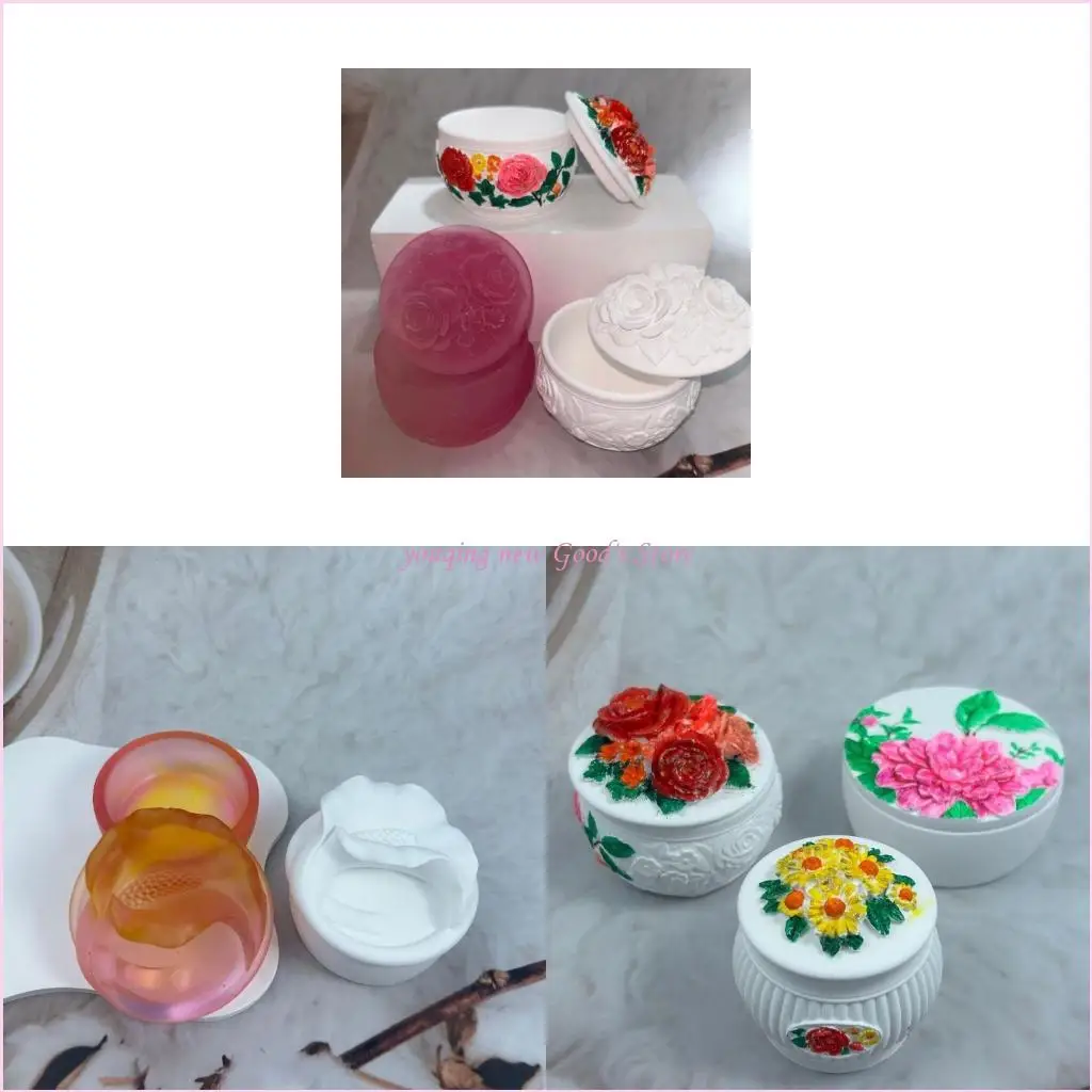

57QA Flower Pen Holder Resin Casting Molds Storage Trinket-Container Silicone Mold with Lids Handmade Jewelry Holder