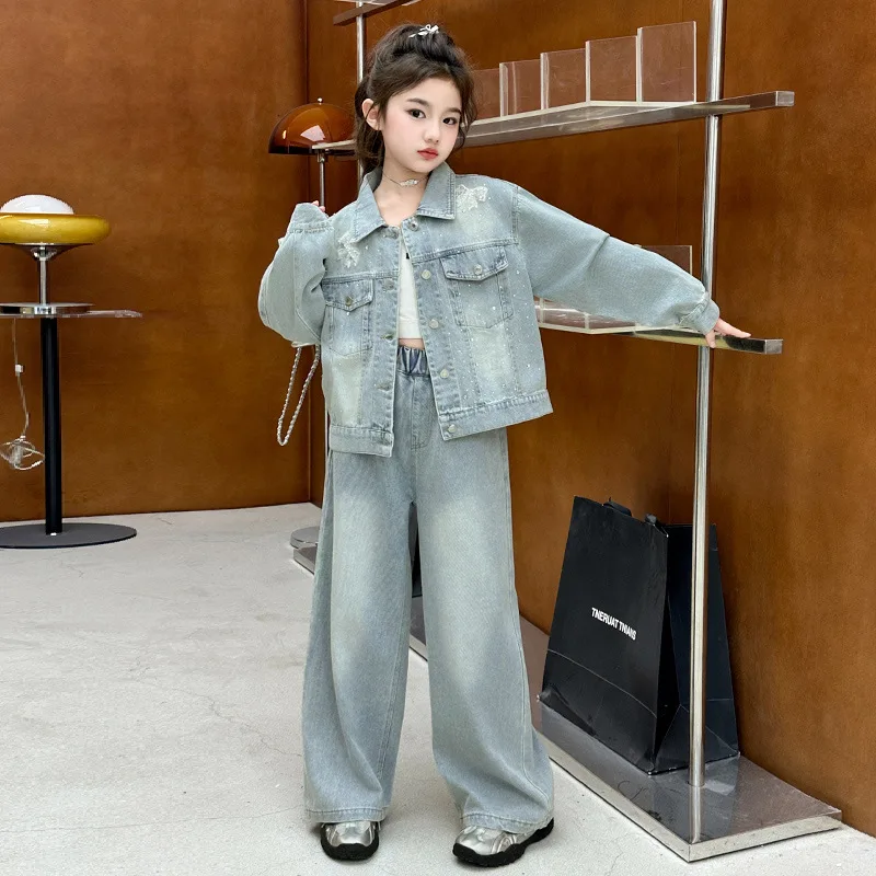 

Girls Set Spring and Autumn New Style Fashionable Western Leisure Trend Cowboy Coat Wide Leg Pants Two Piece Set Daily Style