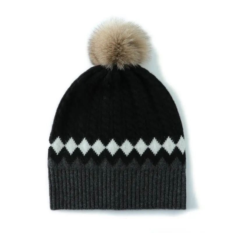 100% pure wool hat autumn winter women warm and thick natural fox fur ball hat knitted ear protection hat twisted cold hat