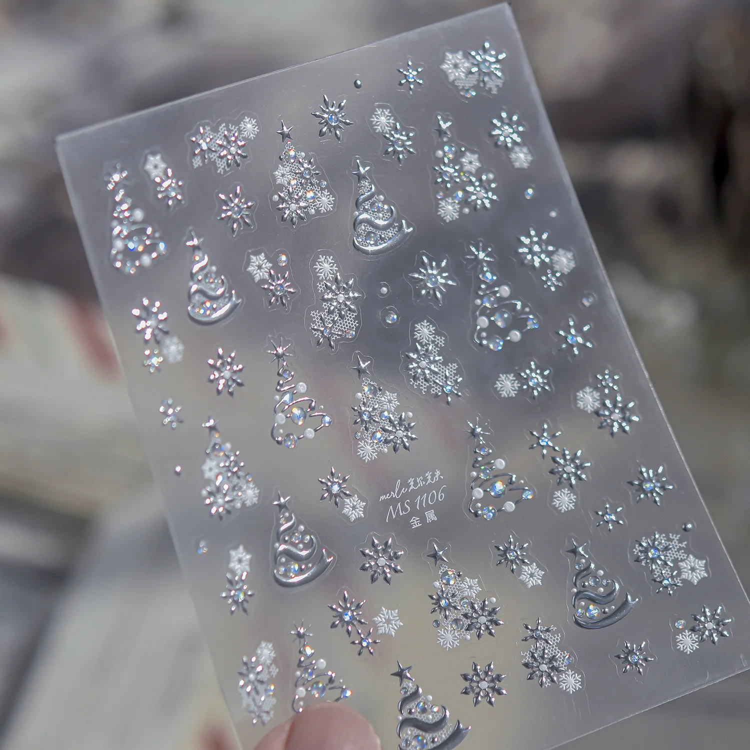 Hot Silver 5D Metal Xmas Tree Nail Decals Hollow Snowflake Multi‑Layer Starburst Ice Snow Self‑Adhesive Winter Nail Stickers