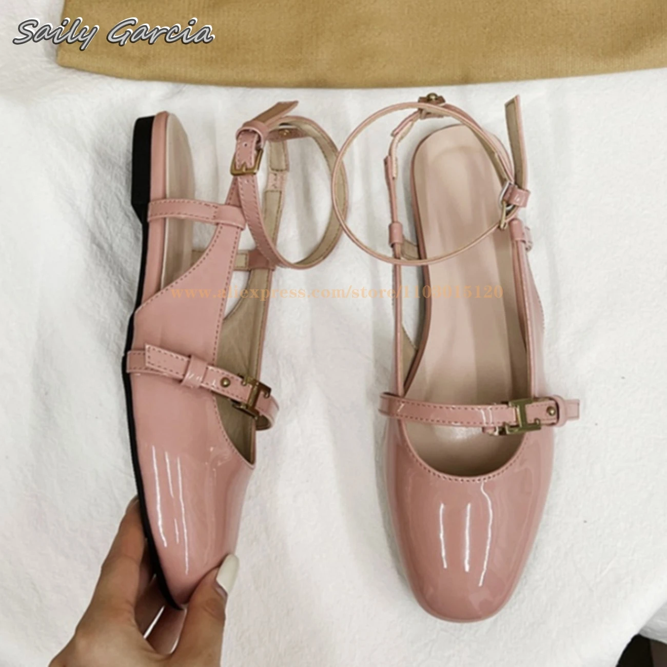 

Patent Leather One Word Belt Buckle Strap Flats 2024 Summer NEW All-Match Casual Shoes Mary Jane Grace Women Shallow Flats