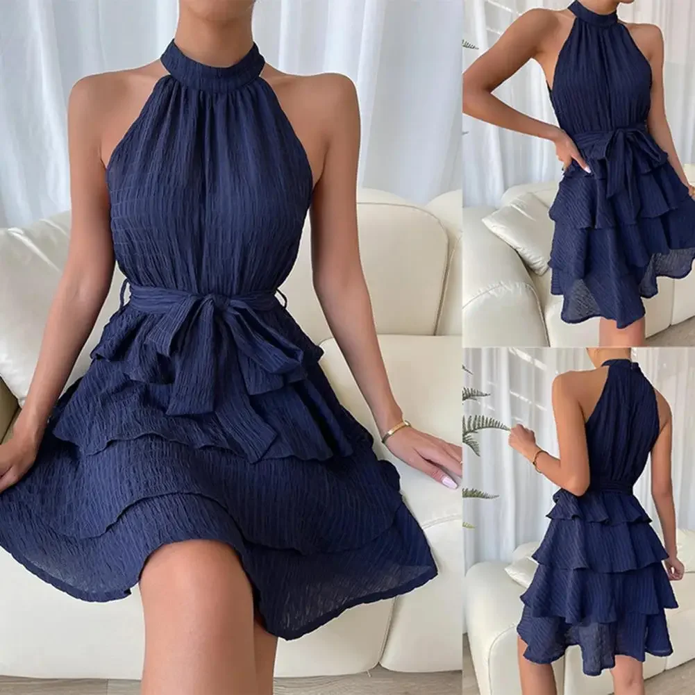 

Women Party Dress Off Shoulder Sleeveless Halter Neck Ruffle A-line Loose Hem Solid Color Belted Tight Waist Knee Length Midi Dr