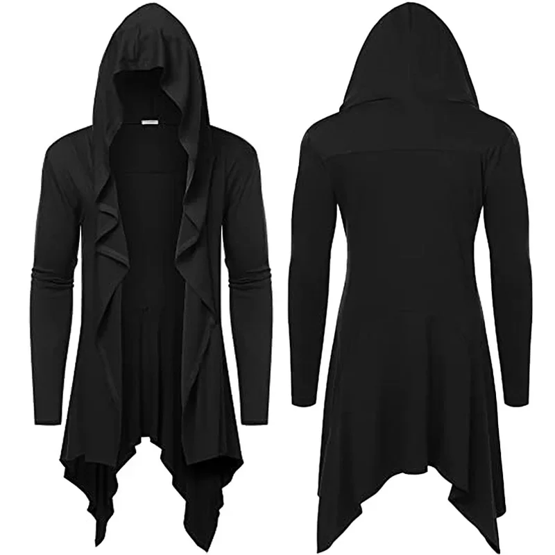 

High Quality Mens Trench Unisex Casual Open Hooded Long Coat Hip Hop Men Solid Loose Trenchcoat