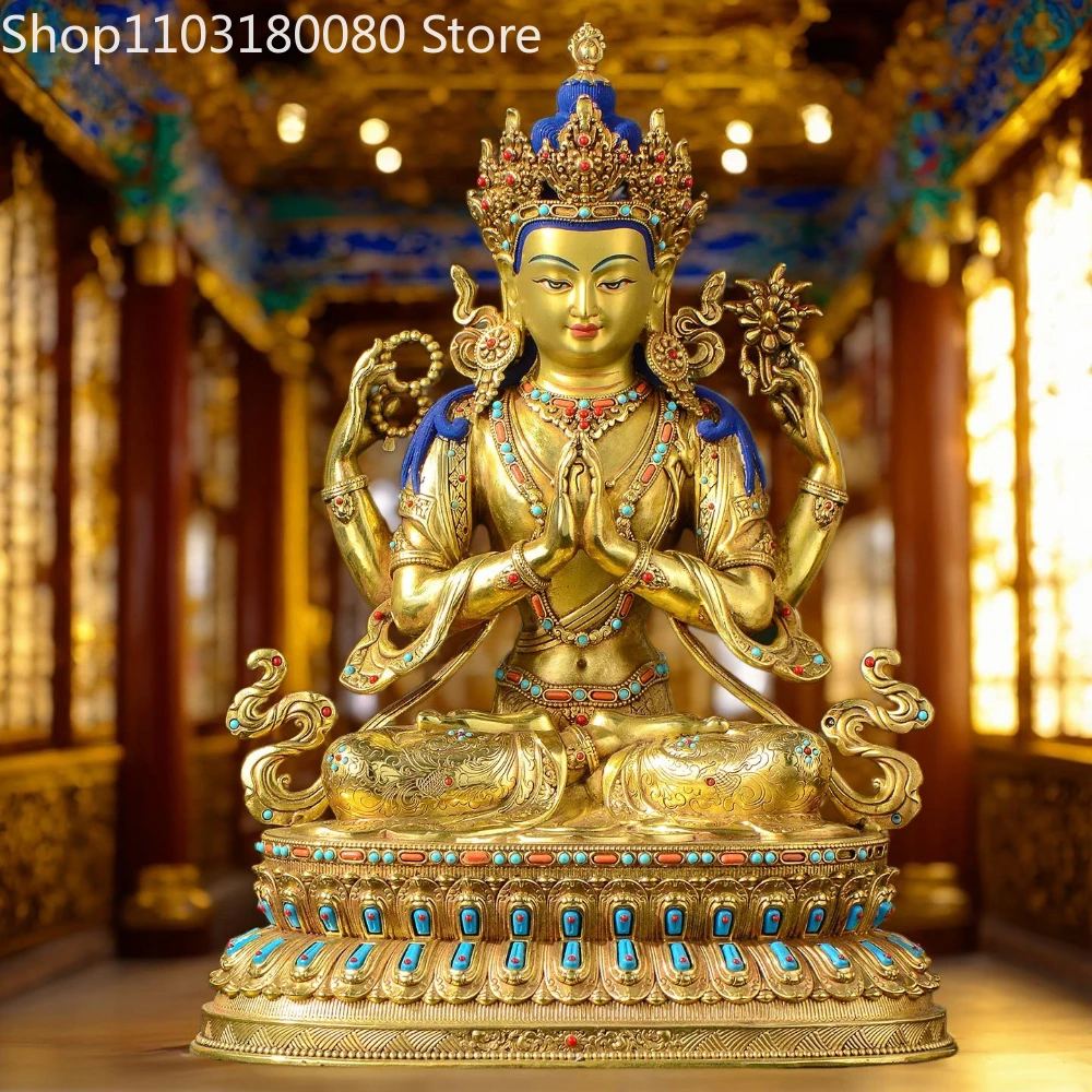 Copper gilding Four-Armed Guanyin inlay KWAN-YIN Buddha Statue sculpture,47cm,31cm