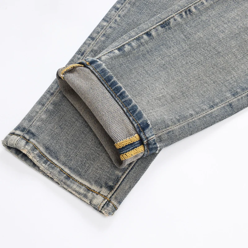 

Y2K High Street Designer Fashion Men Jeans Retro Washed Stretch Slim Fit White Patched Ripped Jeans Men Brand Denim Pants
