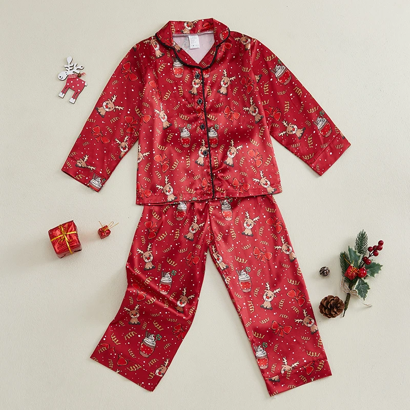 Girls 2Pcs Christmas Pajamas Long Sleeve Bow Print Button Shirt Pants Set Toddler Sleepwear