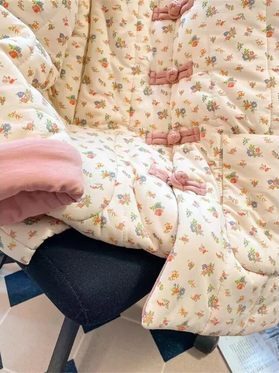 Thiened Cotton Jaet da donna New Chinese Sle Button up Stampa floreale Cappotto caldo Lungo colletto alla coreana Design tradizionale