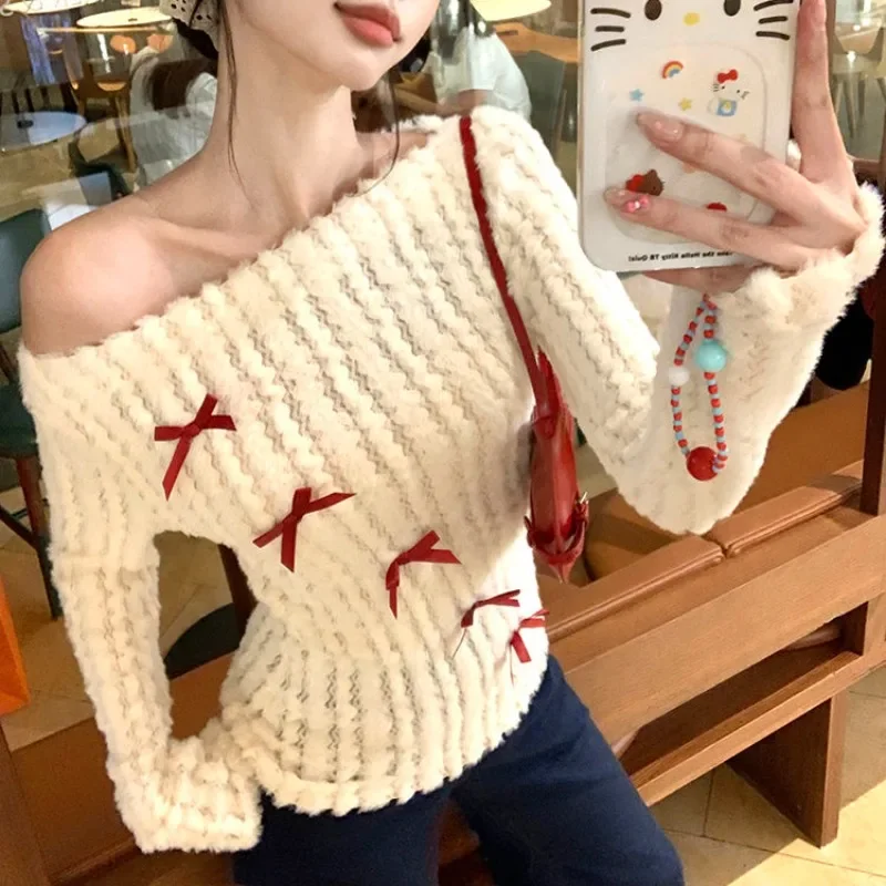 Deeptown Y2k White Bow Off Shoulder Women Sweater Coquette Korean Fashion Long Sleeve Knit Pullovers Gyaru Slim Aesthetic Autumn