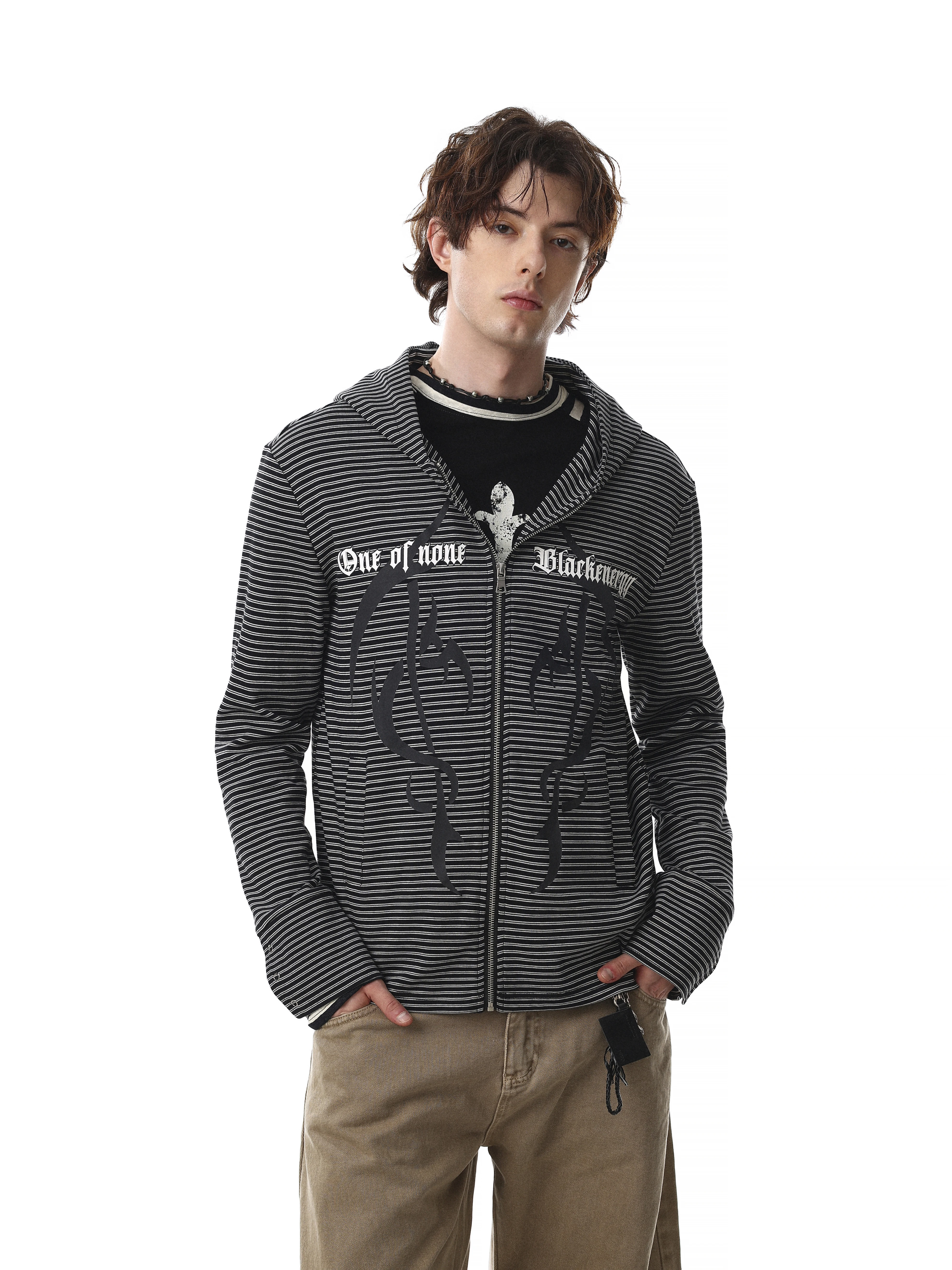 MRNEARLY American Retro Striped Hoodie Unisex Loose Zipper Open Cardigan Letter Print Casual Jacket Cotton Polyester Blend