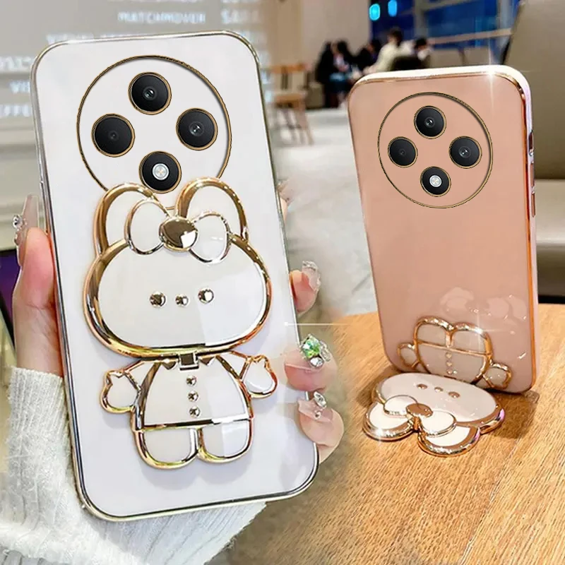 Makeup Mirror Cute Rabbit Phone Holder Case On For Oppo Reno 12F 12 F Reno12 F Reno12F Girl Woman Used Back Cover