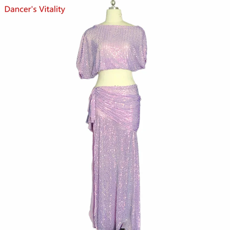 ชุดเต้นระบำหน้าท้อง2ชิ้นสำหรับผู้หญิงชุดเต้นระบำหน้าท้องแขนสั้นแบบปรับแต่งได้ + กระโปรงยาวระยิบระยับ