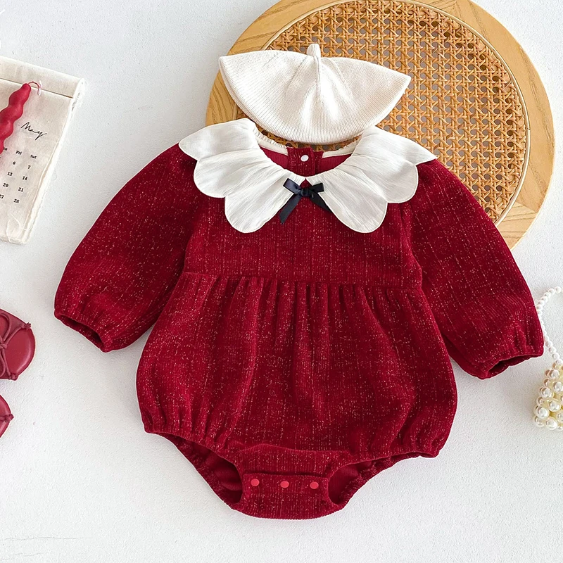 

2025 New Autumn 0-24M Children Clothes Newborn Baby Girls Bodysuits Long Sleeved Cotton Splicing Jumpsuit Christmas Style