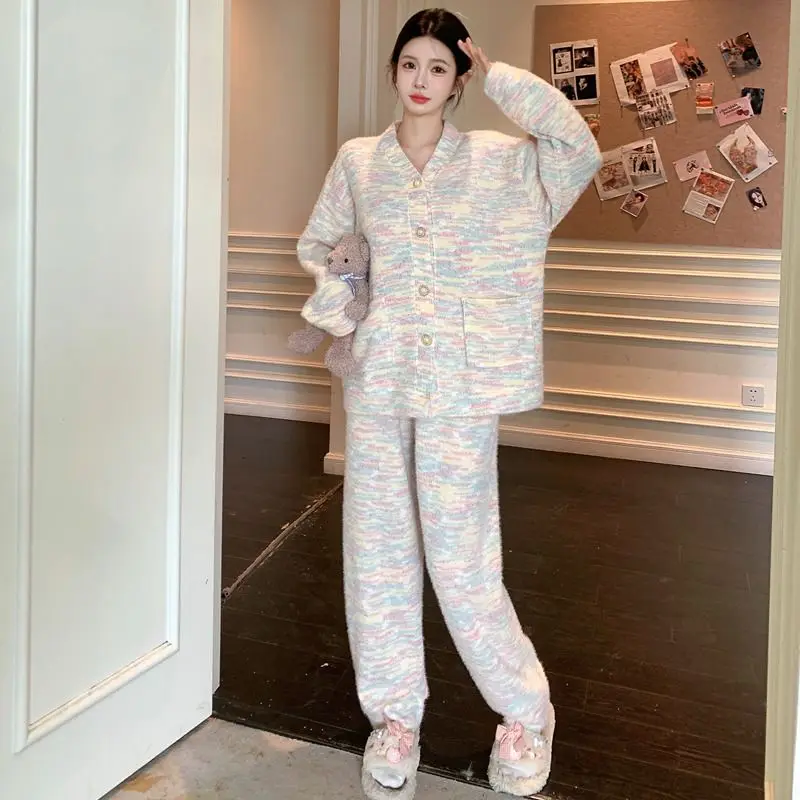

autumn winter Women's pajamas new model rainbow long sleeves Sleepwear cardigan Korean version Pajama homewear Two piece set